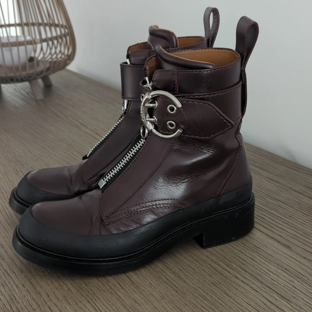Chloe Women's Burgundy Leather Combat Boots 39.5 - Picture 2 of 7